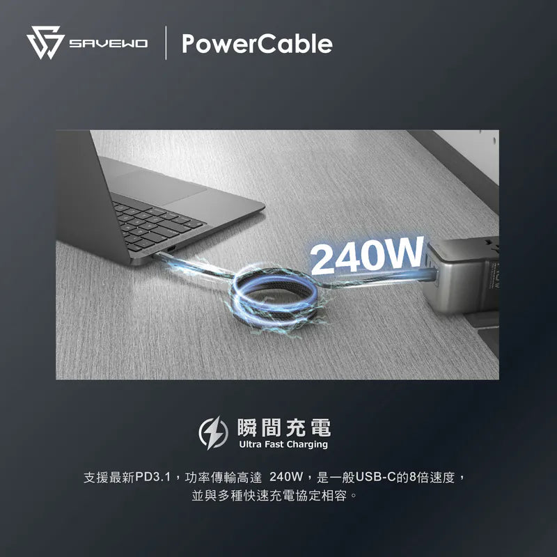 SAVEWO PowerCable USB-C Magnetic 磁吸自卷 240W PD3.1