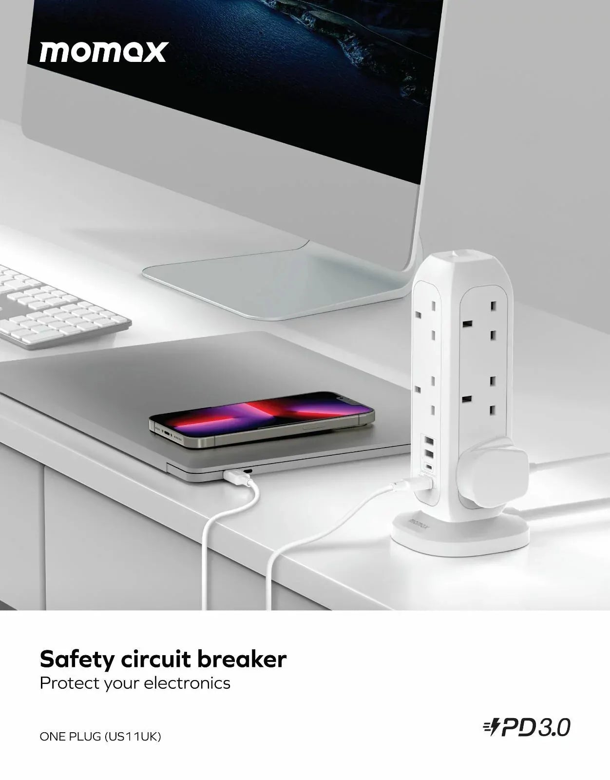 MOMAX 一體式直立拖板 PD20W 2USB-A 2USB-C 11位 (US11UKW)